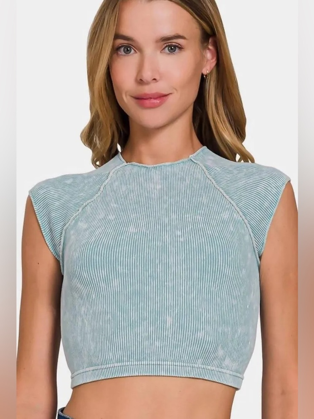 Zenana Washed Ribbed Stretch Cap Sleeve Crop Top in Dusty Blue Grey S/M NEW
